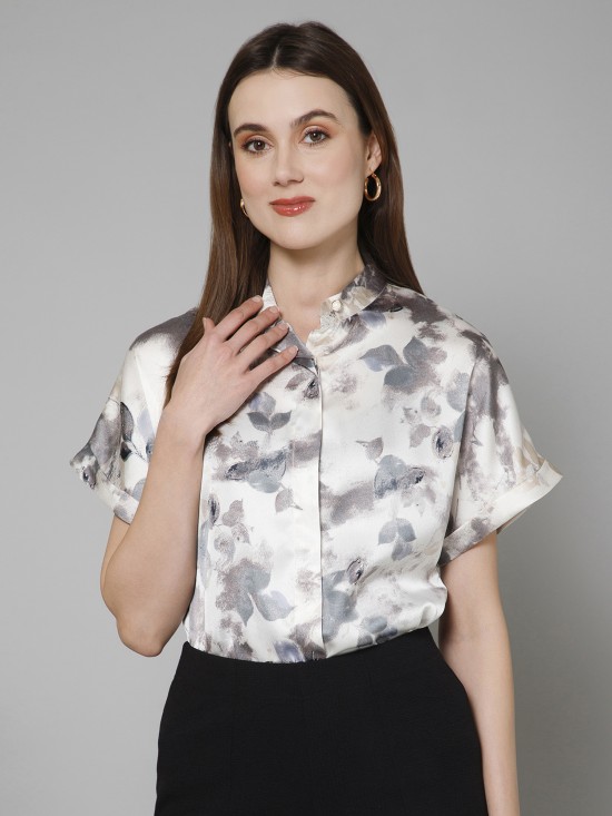 Abstract Casual Mandarin Collar Satin Shirt