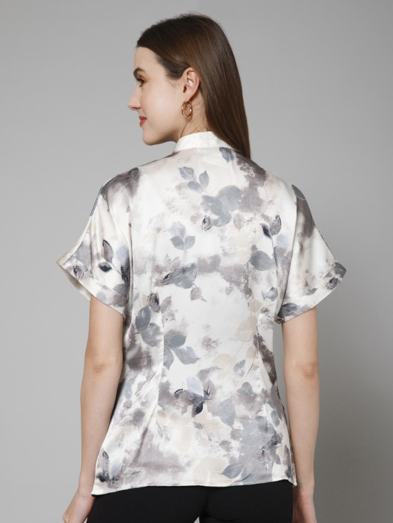 Abstract Casual Mandarin Collar Satin Shirt