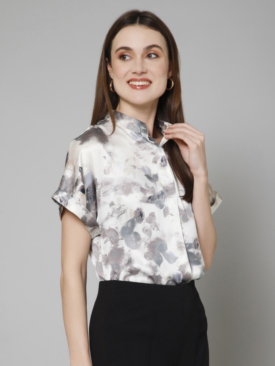 Abstract Casual Mandarin Collar Satin Shirt