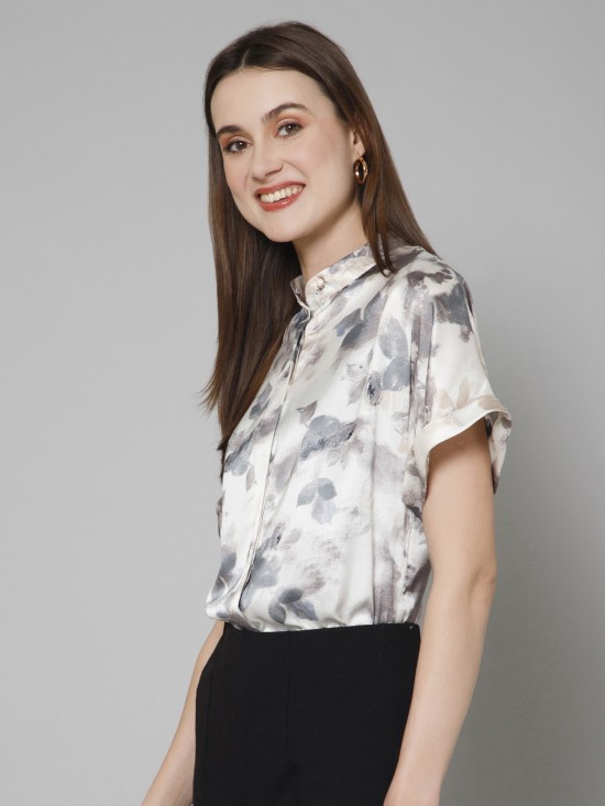 Abstract Casual Mandarin Collar Satin Shirt