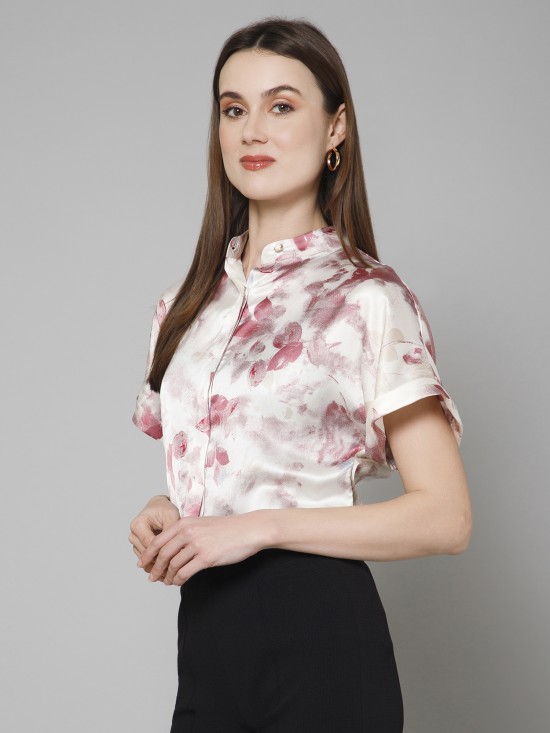 Abstract Casual Mandarin Collar Satin Shirt