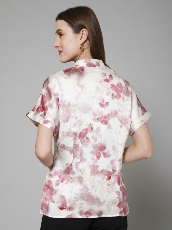 Abstract Casual Mandarin Collar Satin Shirt