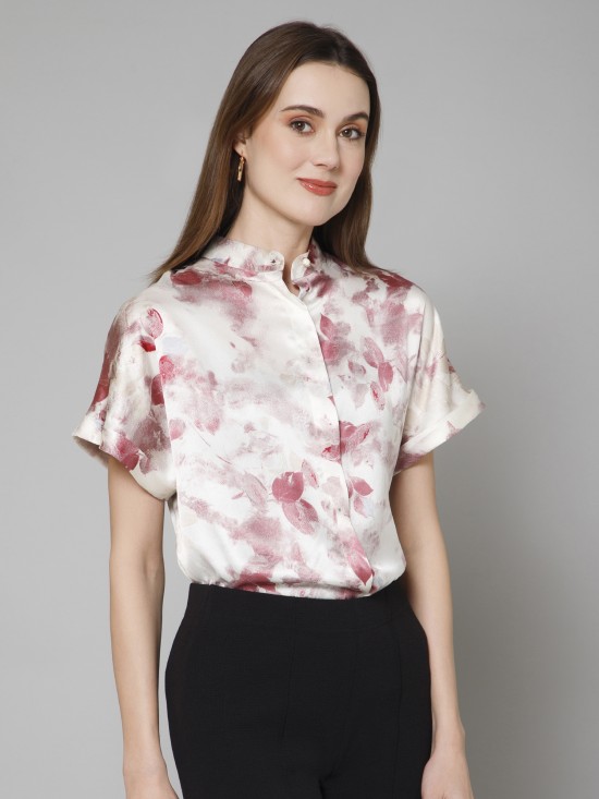 Abstract Casual Mandarin Collar Satin Shirt