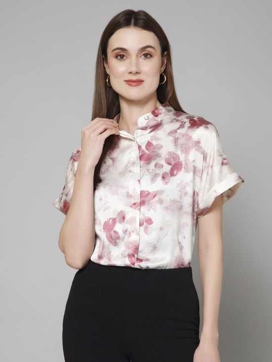 Abstract Casual Mandarin Collar Satin Shirt