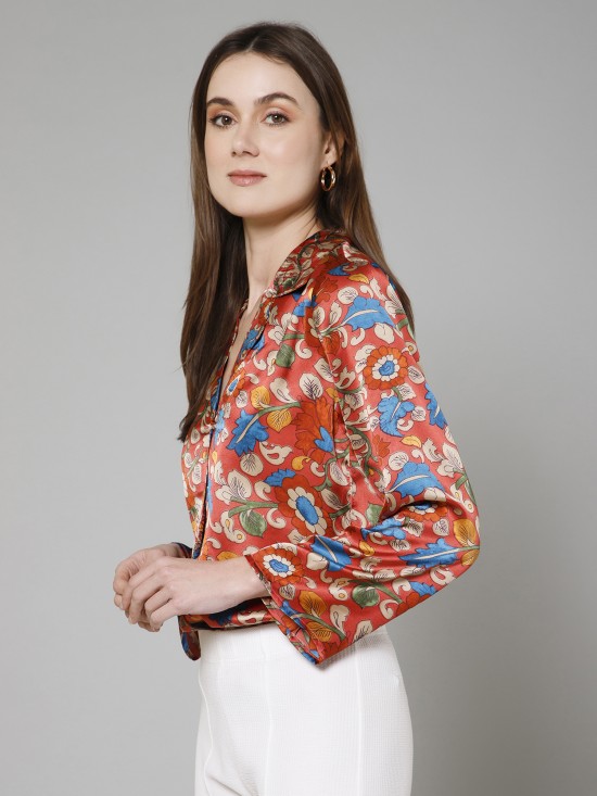 Floral Flared Sleeves Satin Shirt