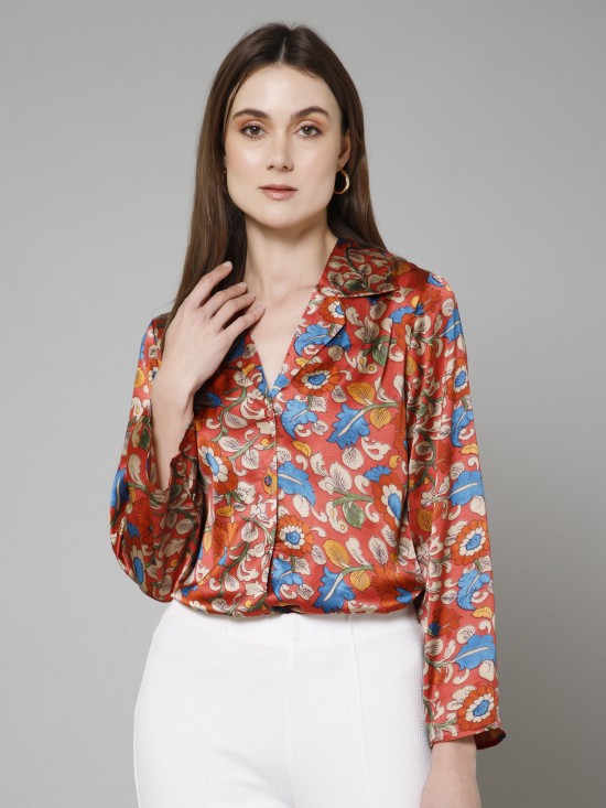 Floral Flared Sleeves Satin Shirt