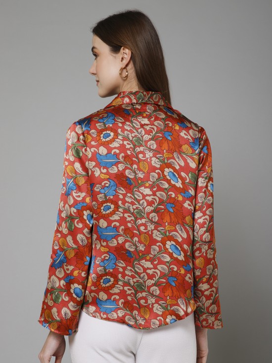 Floral Flared Sleeves Satin Shirt