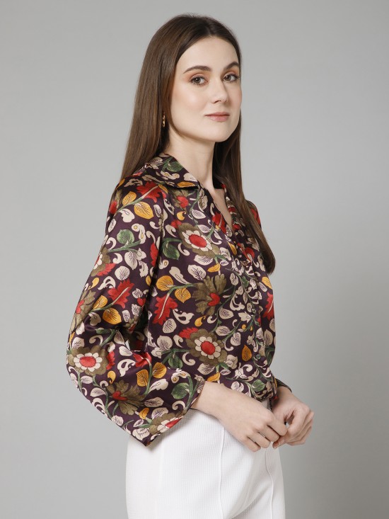 Floral Flared Sleeves Satin Shirt