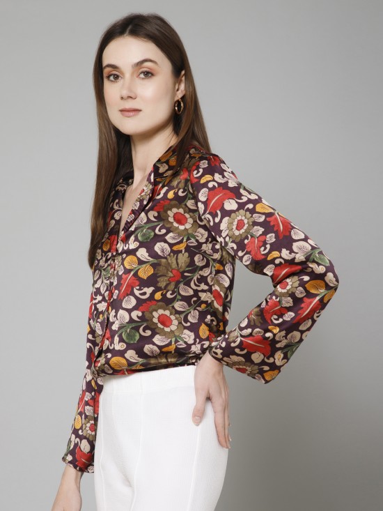 Floral Flared Sleeves Satin Shirt