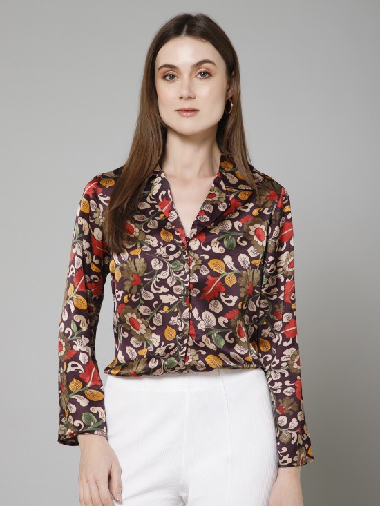 Floral Flared Sleeves Satin Shirt