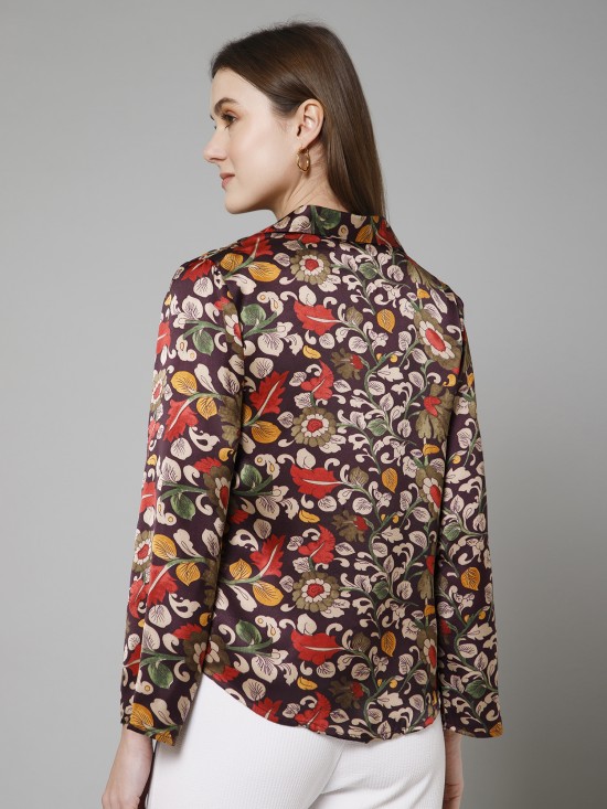 Floral Flared Sleeves Satin Shirt