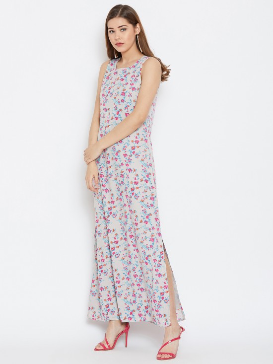 Grey Floral Printed Sleeveless Maxi Dress