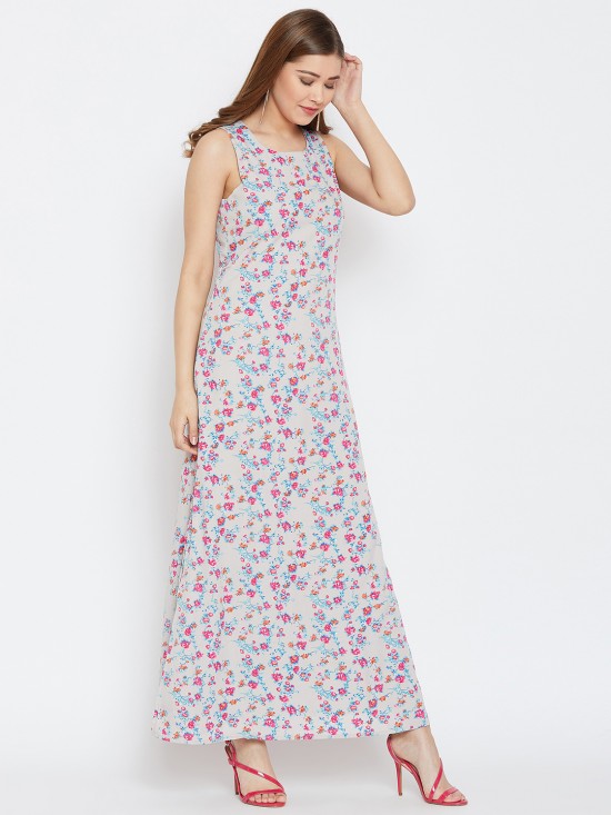 Grey Floral Printed Sleeveless Maxi Dress