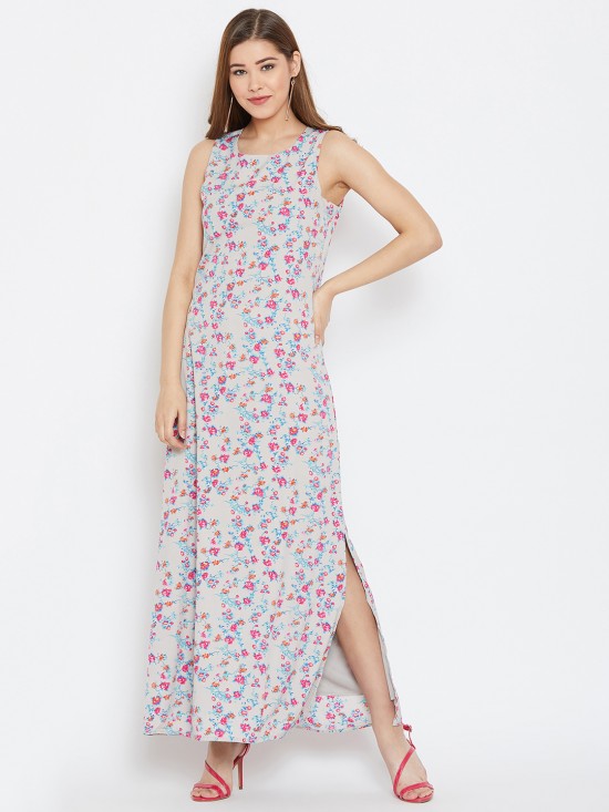 Grey Floral Printed Sleeveless Maxi Dress