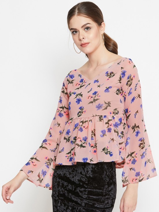 Floral Printed Peplum Top With Slit Sleeves