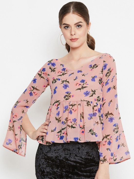 Floral Printed Peplum Top With Slit Sleeves