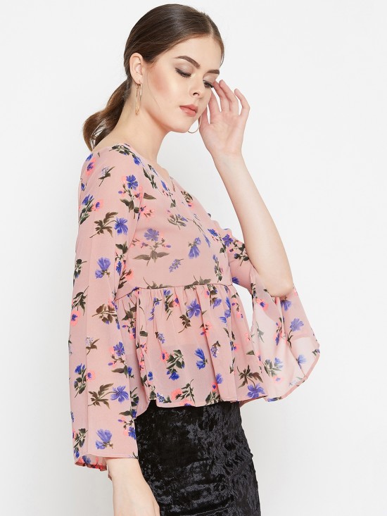 Floral Printed Peplum Top With Slit Sleeves