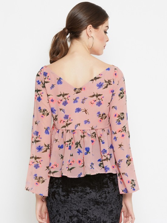 Floral Printed Peplum Top With Slit Sleeves