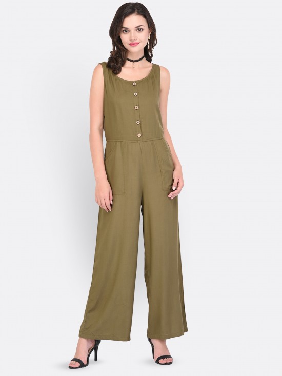 Solid Sleeveless Buttoned Placket Jumpsuit With Pockets