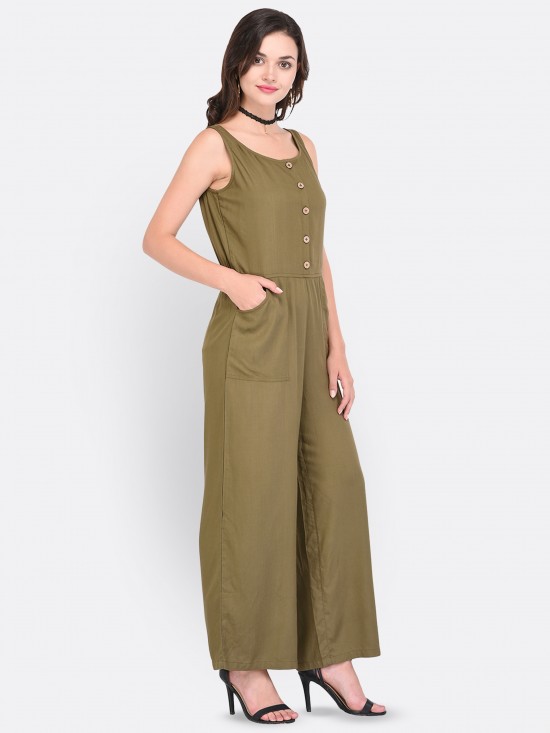 Solid Sleeveless Buttoned Placket Jumpsuit With Pockets