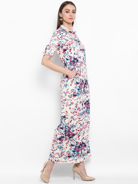Abstract Printed Roll Up Sleeves Jumpsuit