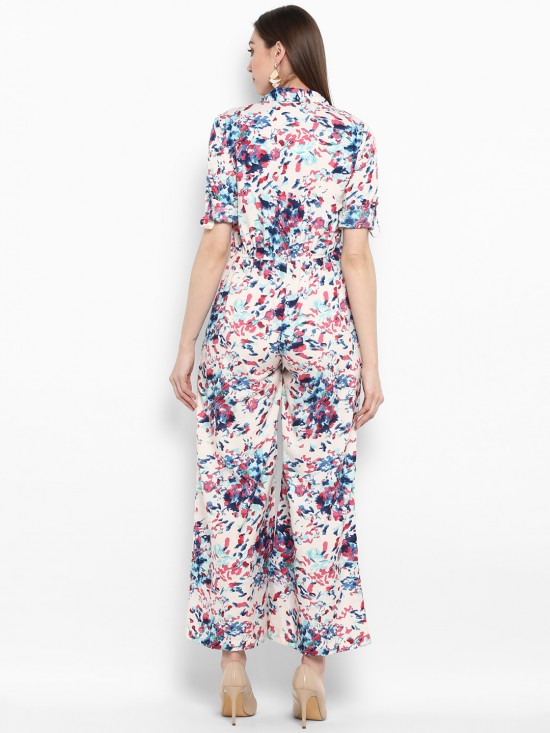 Abstract Printed Roll Up Sleeves Jumpsuit