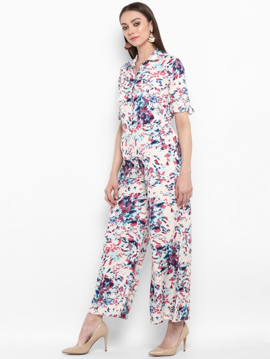 Abstract Printed Roll Up Sleeves Jumpsuit