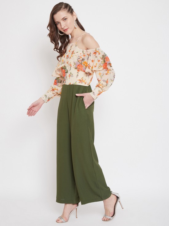 Floral Print Cold Shoulder Long Jumpsuit