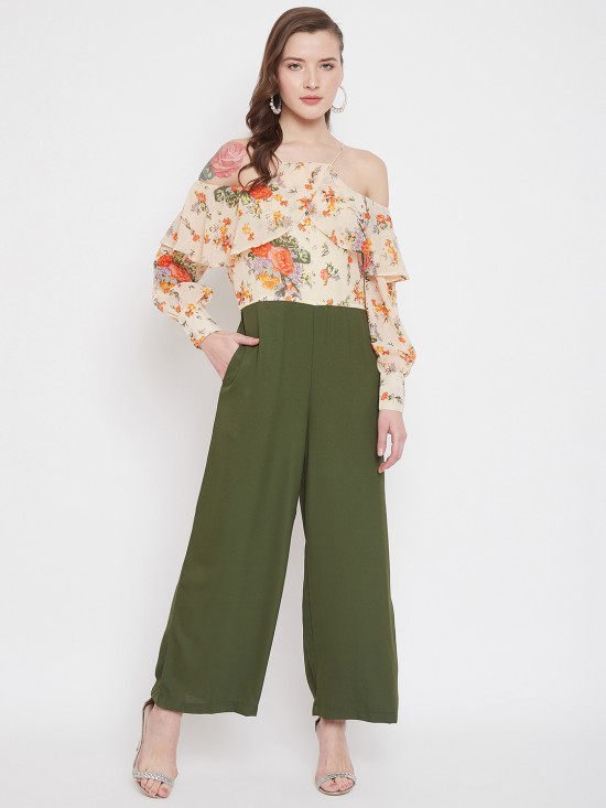 Floral Print Cold Shoulder Long Jumpsuit