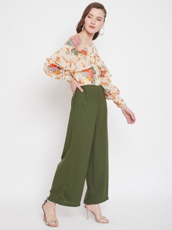 Floral Print Cold Shoulder Long Jumpsuit