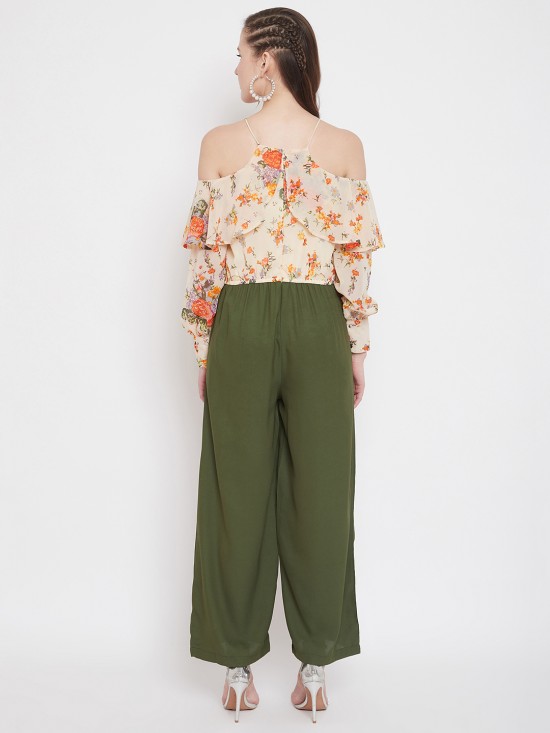 Floral Print Cold Shoulder Long Jumpsuit