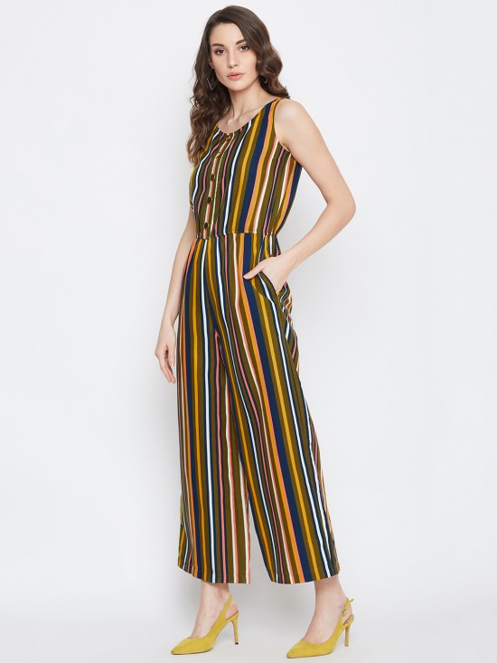 Multi Stripes Mock Placket Jumpsuit