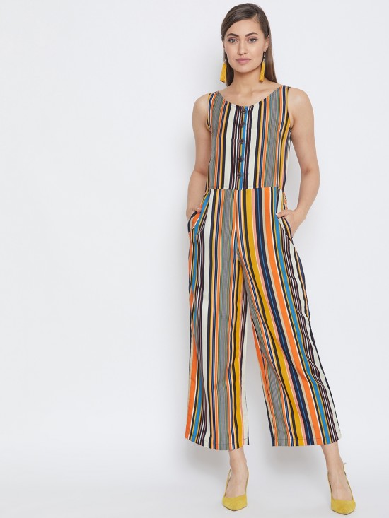 Multi Stripes Mock Placket Jumpsuit