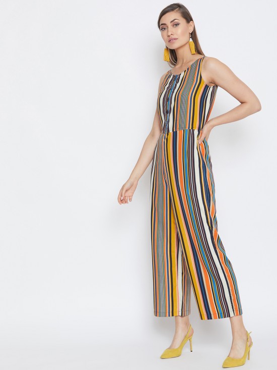 Multi Stripes Mock Placket Jumpsuit