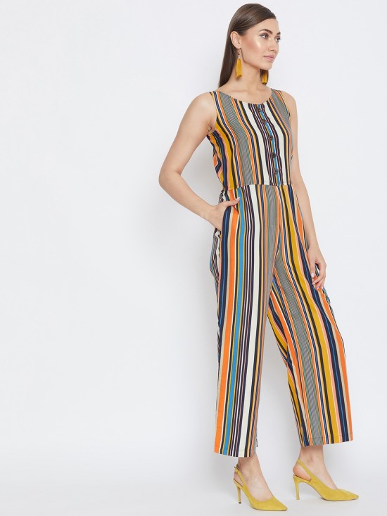 Multi Stripes Mock Placket Jumpsuit