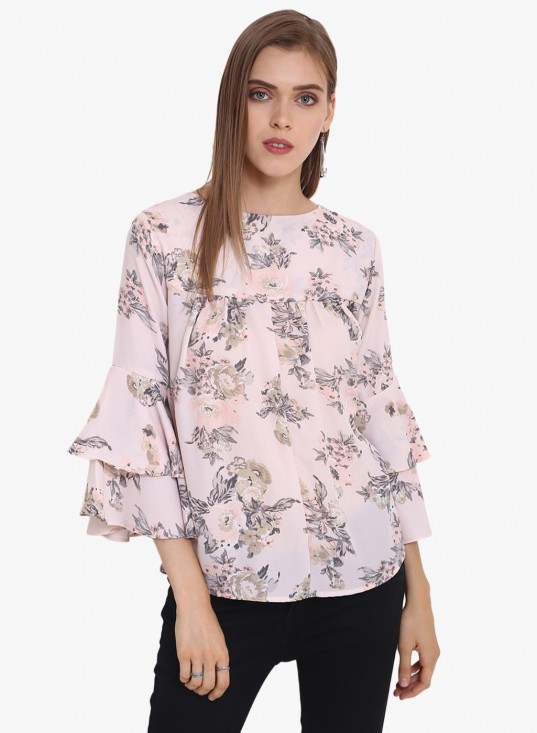 Floral Printed Double Bell Sleeves Top