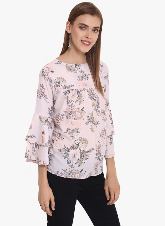 Floral Printed Double Bell Sleeves Top