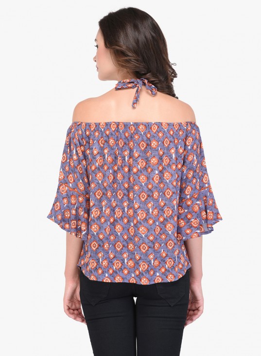 Printed Rayon Off Shoulder Cross Strap Top