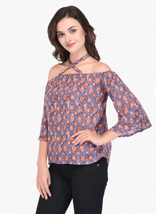 Printed Rayon Off Shoulder Cross Strap Top