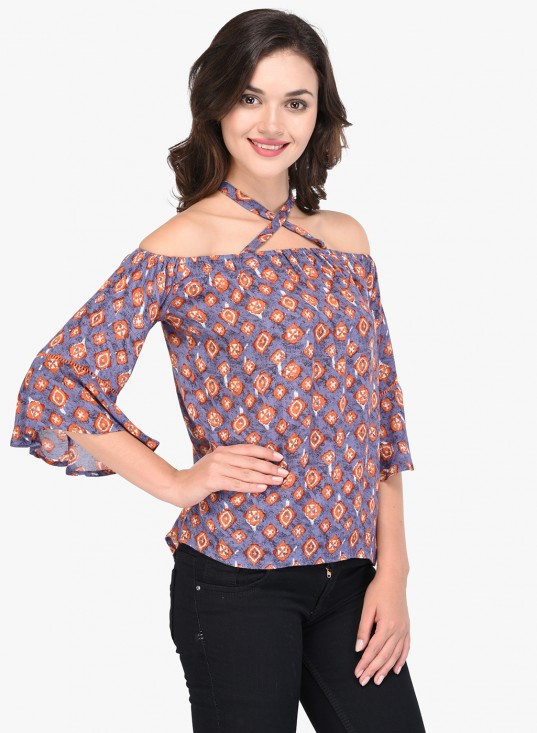 Printed Rayon Off Shoulder Cross Strap Top