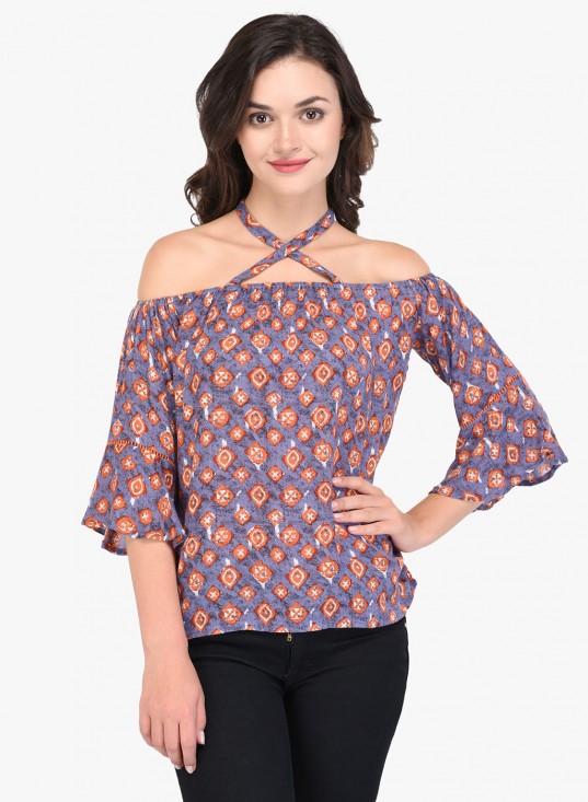 Printed Rayon Off Shoulder Cross Strap Top