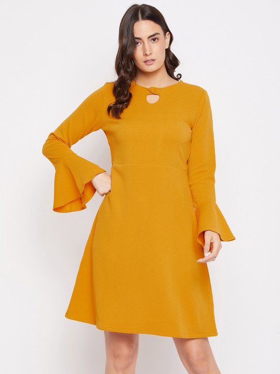 Bell sleeves skater dress with cutout yoke