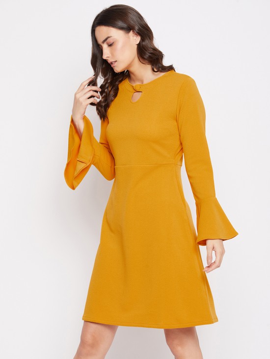 Bell sleeves skater dress with cutout yoke