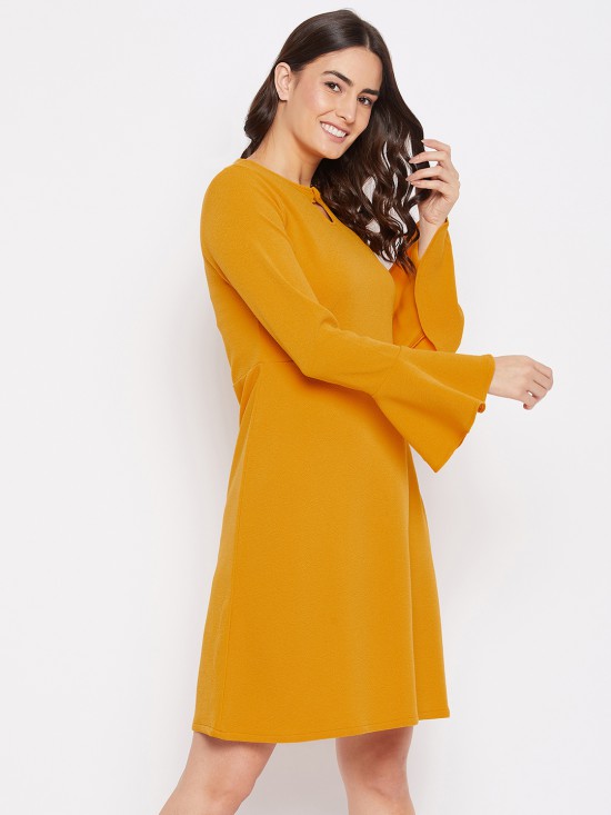 Bell sleeves skater dress with cutout yoke