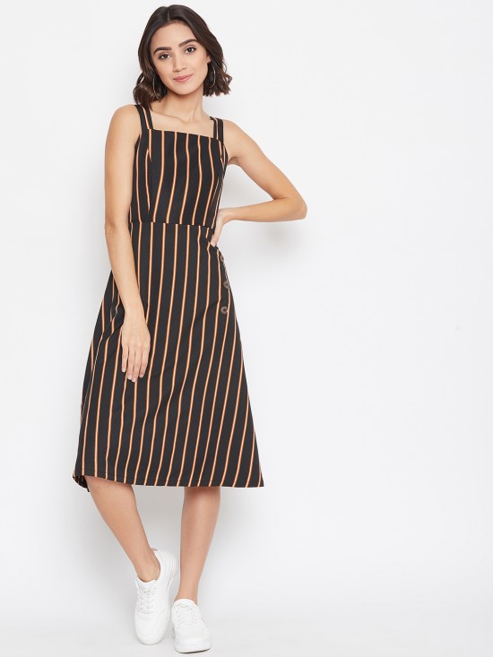 Thin stripes printed show buttons dress