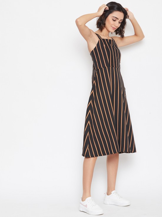 Thin stripes printed show buttons dress