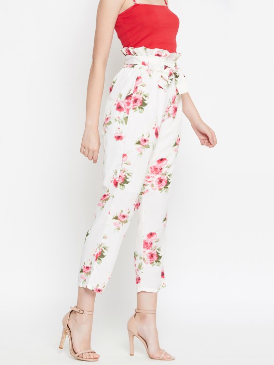Paper bag waist trousers with fabric belt