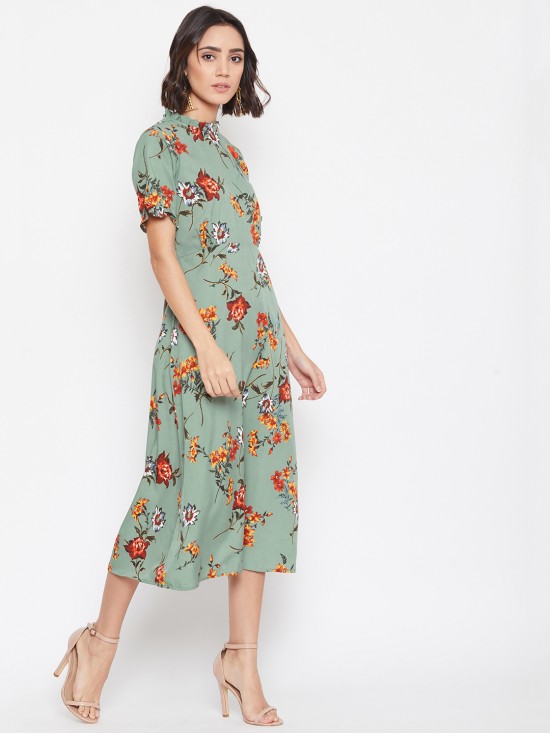 Frilled Collar And Sleeves Midi Dress