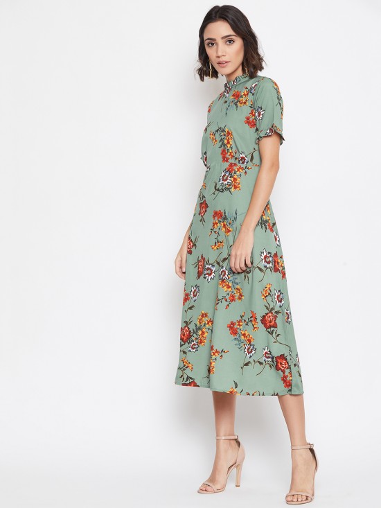 Frilled Collar And Sleeves Midi Dress