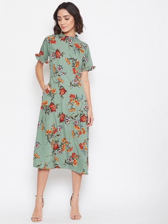 Frilled Collar And Sleeves Midi Dress